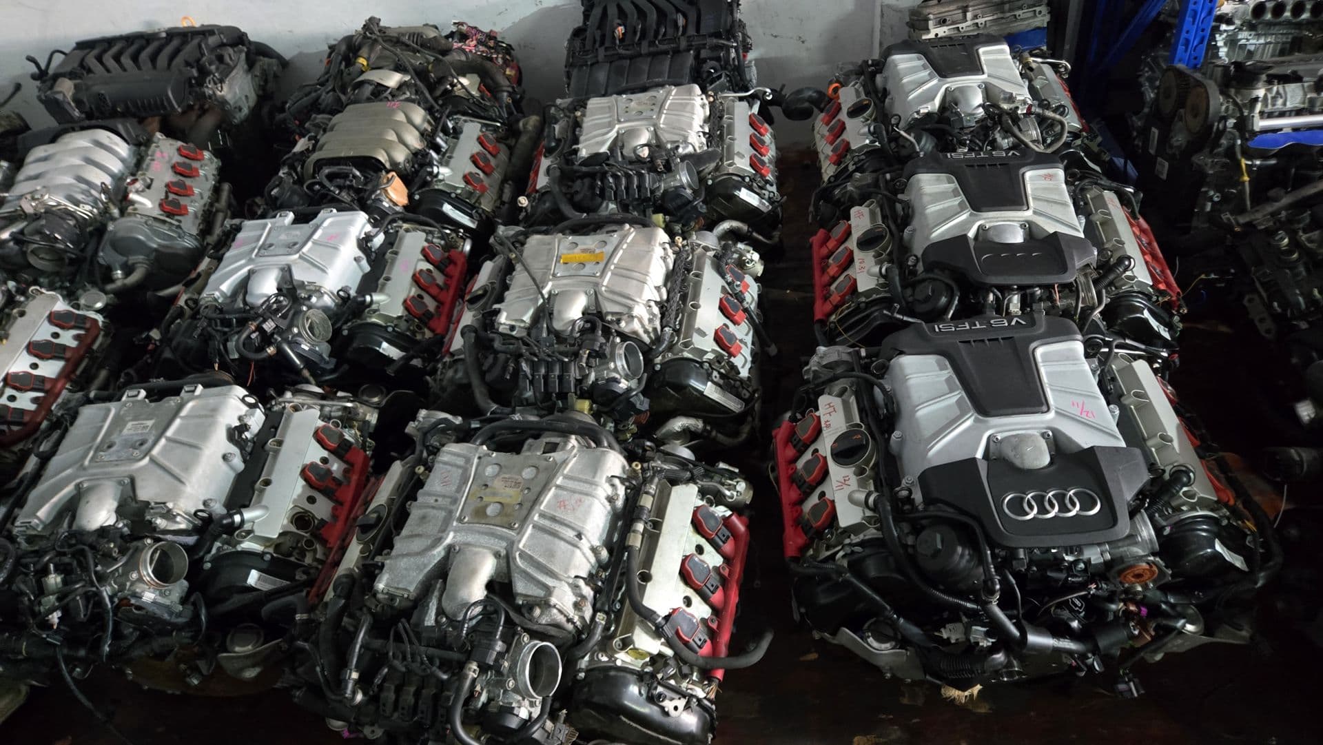 Rows of Audi V6 engines on racks